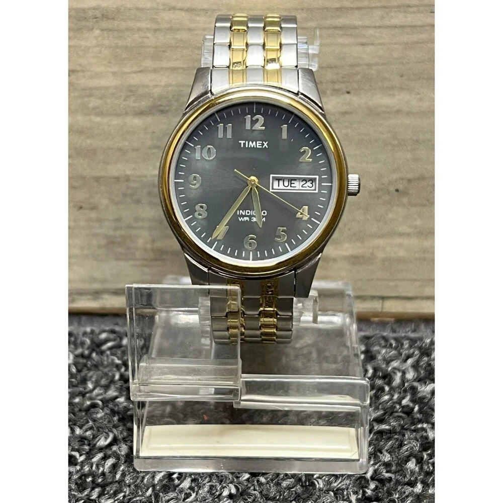 TIMEX Day Date Watch T2N093 Quartz Indiglo Black Dial Stainless Gold Flex Band